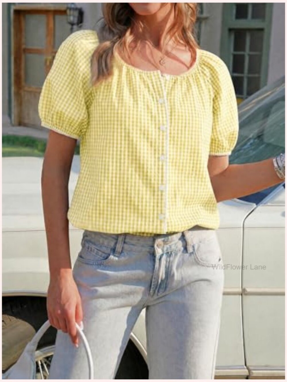 Women Puff Sleeve Gingham Blouse Summer Plaid Crew Neck Cute Tops Trendy Casual - Picture 6 of 7